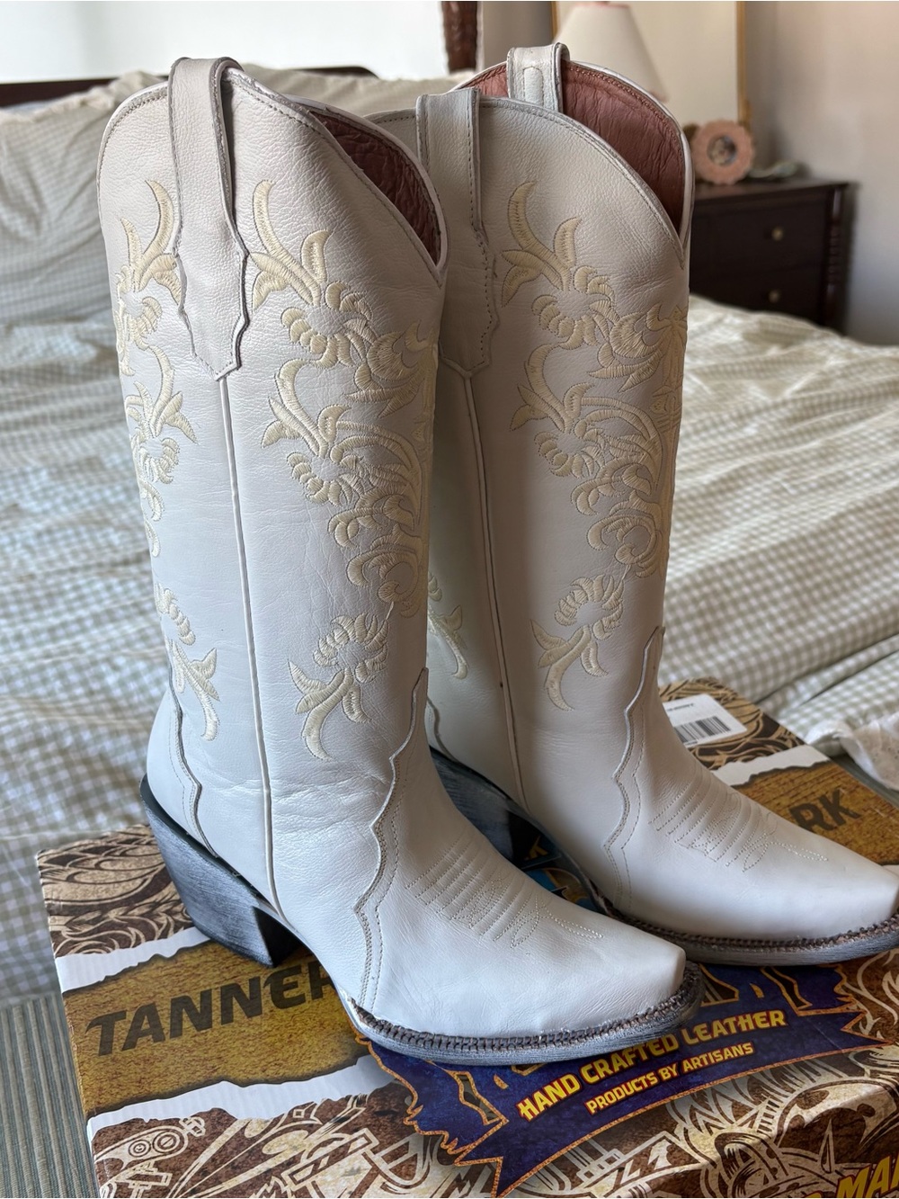 Tanner Mark White Embroidered Western Knee-High Boots